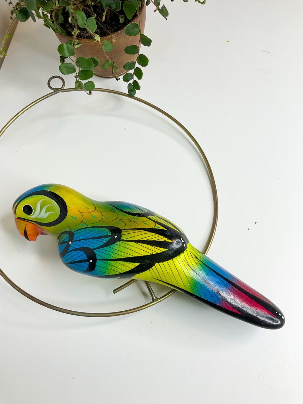 VINTAGE Mexican Folk Art Decorative Hand-Painted Parrot Perch - Yellow & Blue